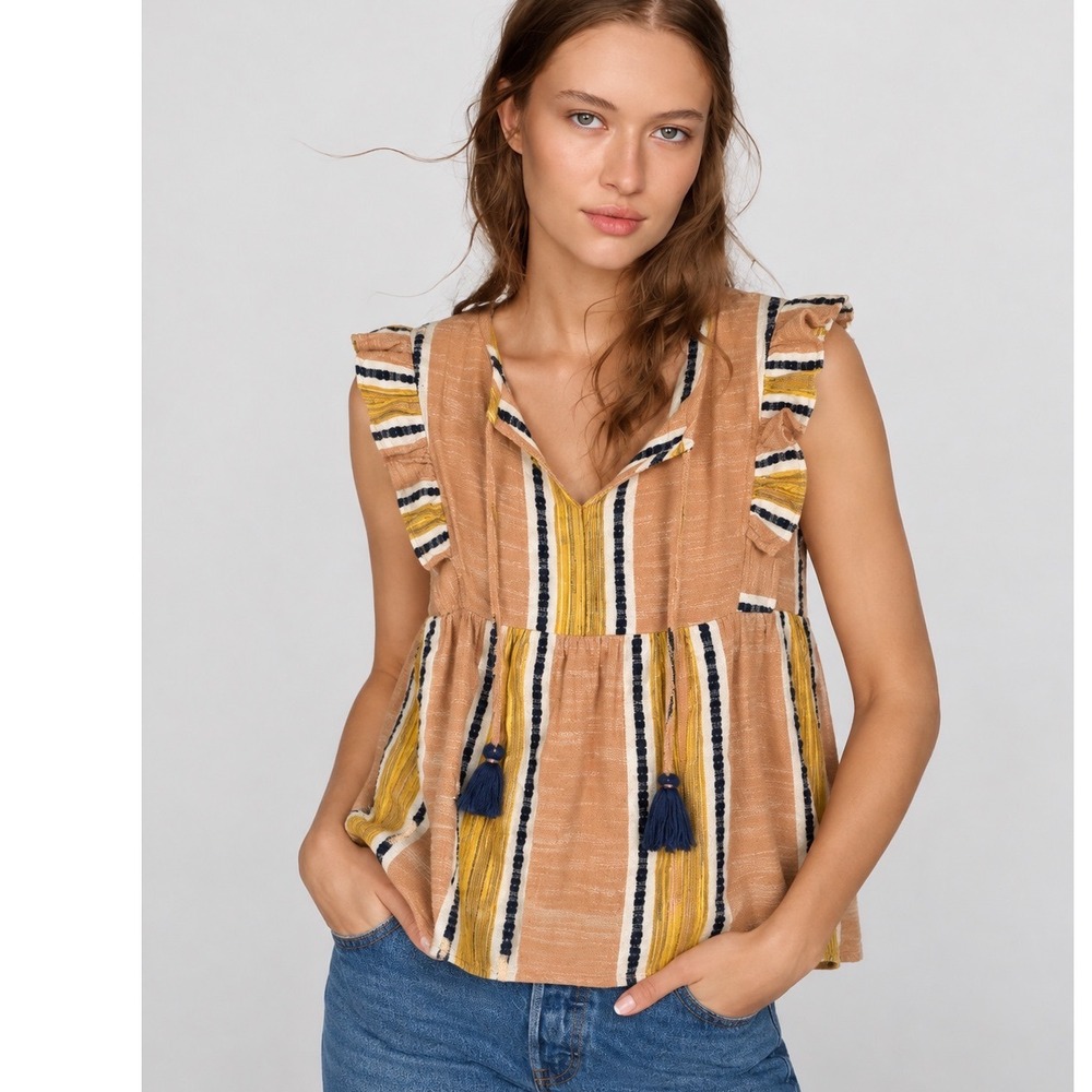 THML Orange Yellow Striped Ruffle Tassel Babydoll Top Medium